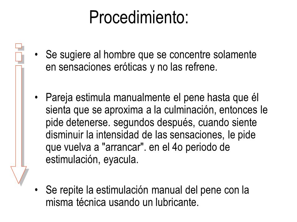 Procedimiento: Se sugiere al hombre que se concentre solamente en sensaciones eróticas y no las refrene.