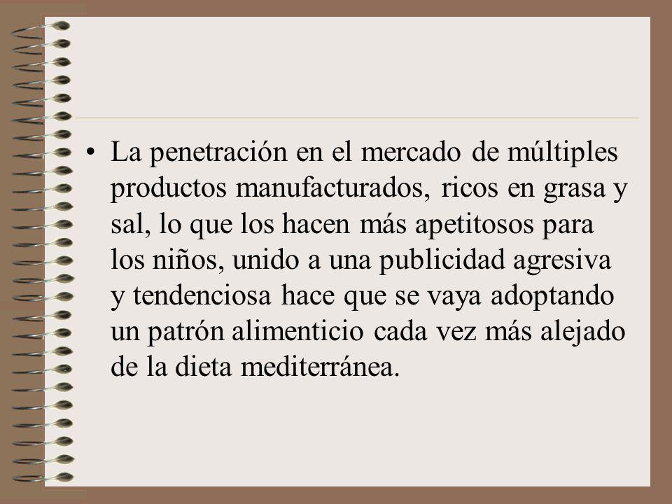 La penetración en el mercado de múltiples productos manufacturados, ricos en grasa y sal, lo que los hacen más apetitosos para los niños, unido a una publicidad agresiva y tendenciosa hace que se vaya adoptando un patrón alimenticio cada vez más alejado de la dieta mediterránea.