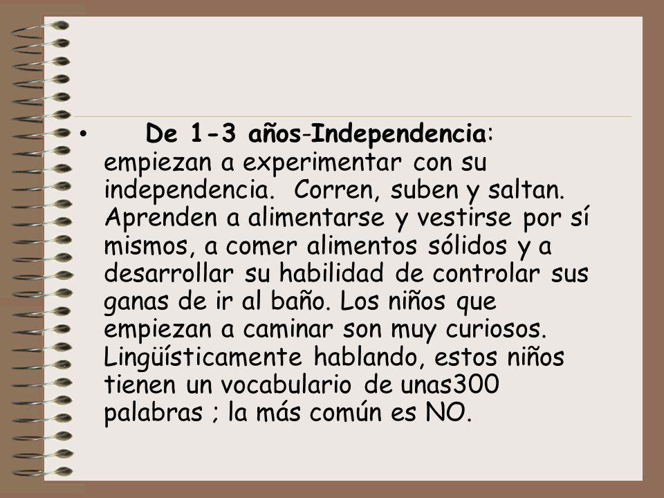 De 1-3 años-Independencia: empiezan a experimentar con su independencia. Corren, suben y saltan. Aprenden a alimentarse y vestirse por sí mismos, a comer alimentos sólidos y a desarrollar su habilidad de controlar sus ganas de ir al baño. Los niños que empiezan a caminar son muy curiosos. Lingüísticamente hablando, estos niños tienen un vocabulario de unas300 palabras ; la más común es NO.