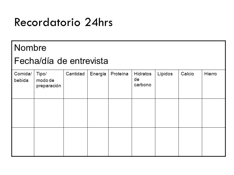 Recordatorio 24hrs Nombre Fecha/día de entrevista Comida/ bebida Tipo/