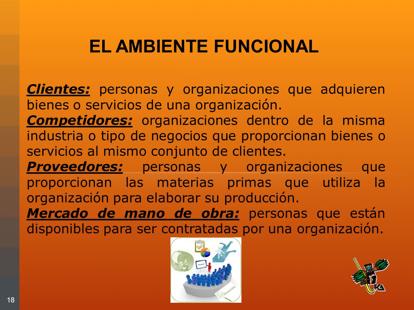 EL AMBIENTE FUNCIONAL Clientes: personas y organizaciones que adquieren bienes o servicios de una organización.