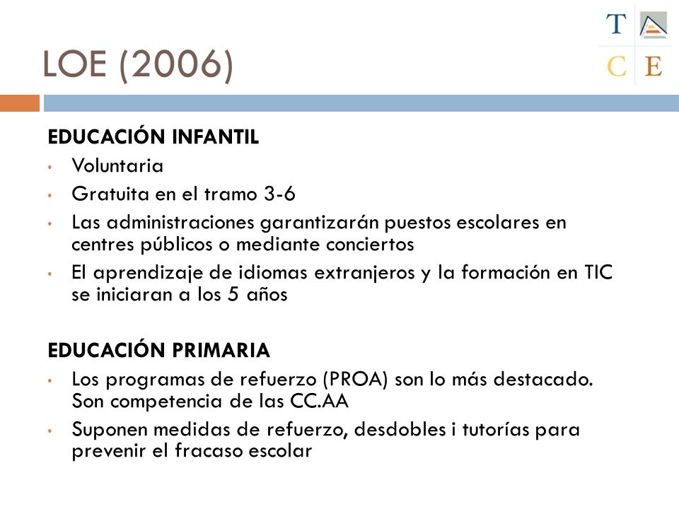 LOE (2006) EDUCACIÓN INFANTIL Voluntaria Gratuita en el tramo 3-6