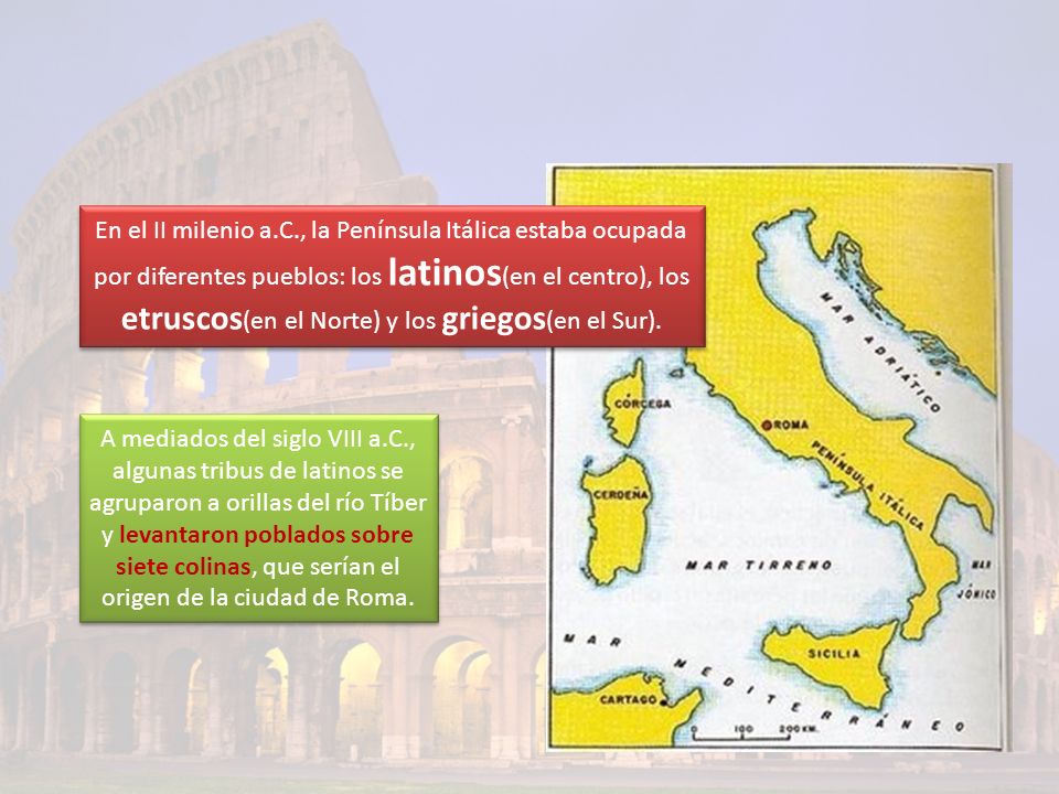 En el II milenio a.C., la Península Itálica estaba ocupada por diferentes pueblos: los latinos(en el centro), los etruscos(en el Norte) y los griegos(en el Sur).