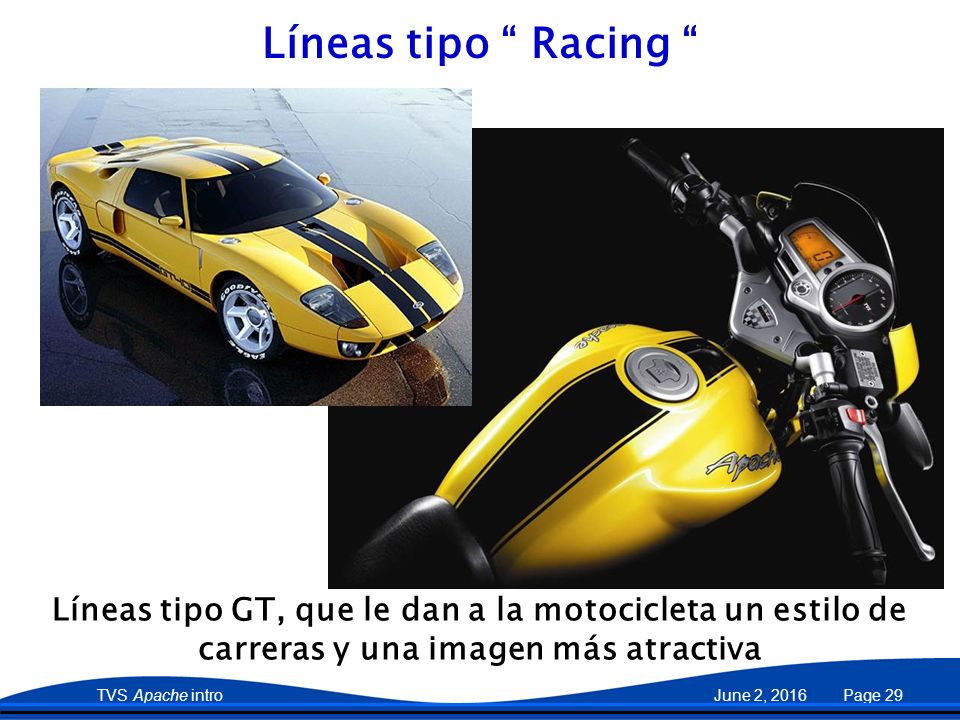 27 April 2017 Líneas tipo Racing Líneas tipo GT, que le dan a la motocicleta un estilo de. carreras y una imagen más atractiva.