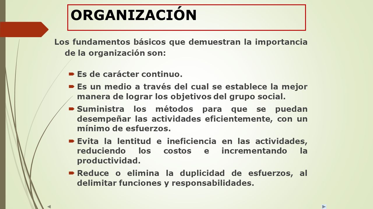 ORGANIZACIÓN Los fundamentos básicos que demuestran la importancia de la organización son: Es de carácter continuo.