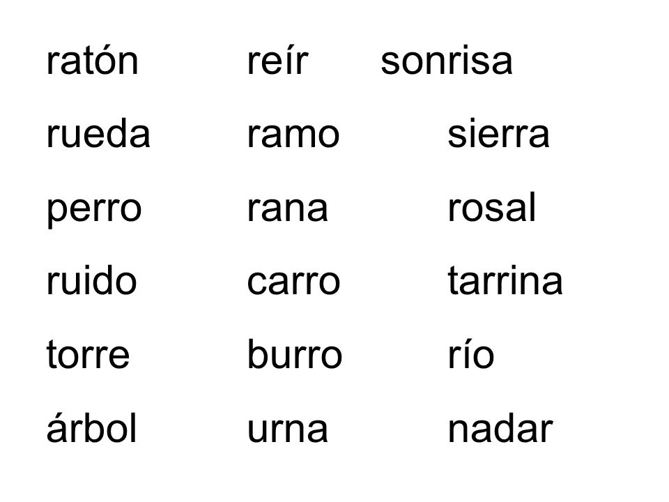 ratón reír sonrisa rueda ramo sierra. perro rana rosal. ruido carro tarrina. torre burro río.
