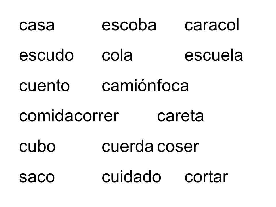 casa escoba caracol escudo cola escuela. cuento camión foca. comida correr careta. cubo cuerda coser.