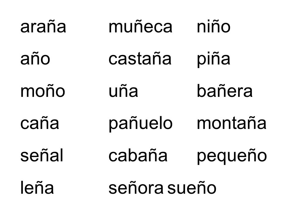 araña muñeca niño año castaña piña. moño uña bañera. caña pañuelo montaña. señal cabaña pequeño.