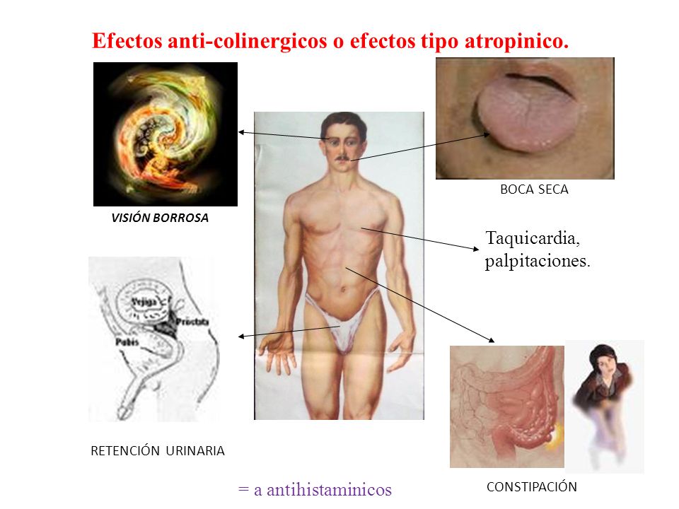 Efectos anti-colinergicos o efectos tipo atropinico.