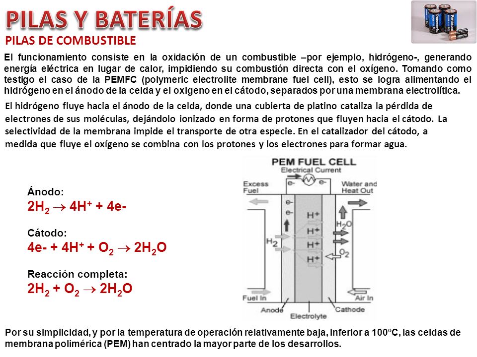 PILAS DE COMBUSTIBLE 2H2  4H+ + 4e- 4e- + 4H+ + O2  2H2O