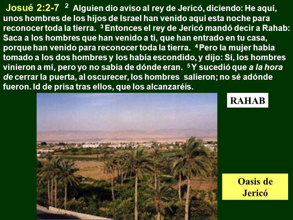 Josué 2:2-7 2 Alguien dio aviso al rey de Jericó, diciendo: He aquí, unos hombres de los hijos de Israel han venido aquí esta noche para reconocer toda la tierra. 3 Entonces el rey de Jericó mandó decir a Rahab: Saca a los hombres que han venido a ti, que han entrado en tu casa, porque han venido para reconocer toda la tierra. 4 Pero la mujer había tomado a los dos hombres y los había escondido, y dijo: Sí, los hombres vinieron a mí, pero yo no sabía de dónde eran. 5 Y sucedió que a la hora de cerrar la puerta, al oscurecer, los hombres salieron; no sé adónde fueron. Id de prisa tras ellos, que los alcanzaréis.