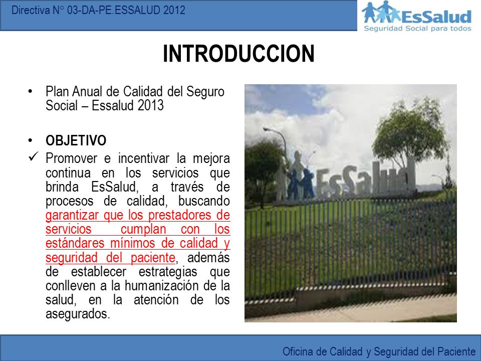 INTRODUCCION Plan Anual de Calidad del Seguro Social – Essalud 2013