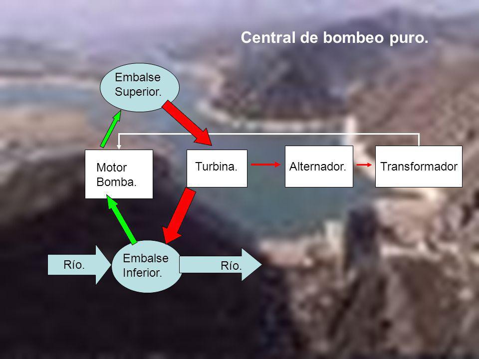 Central de bombeo puro. Embalse Superior. Motor Bomba. Turbina.