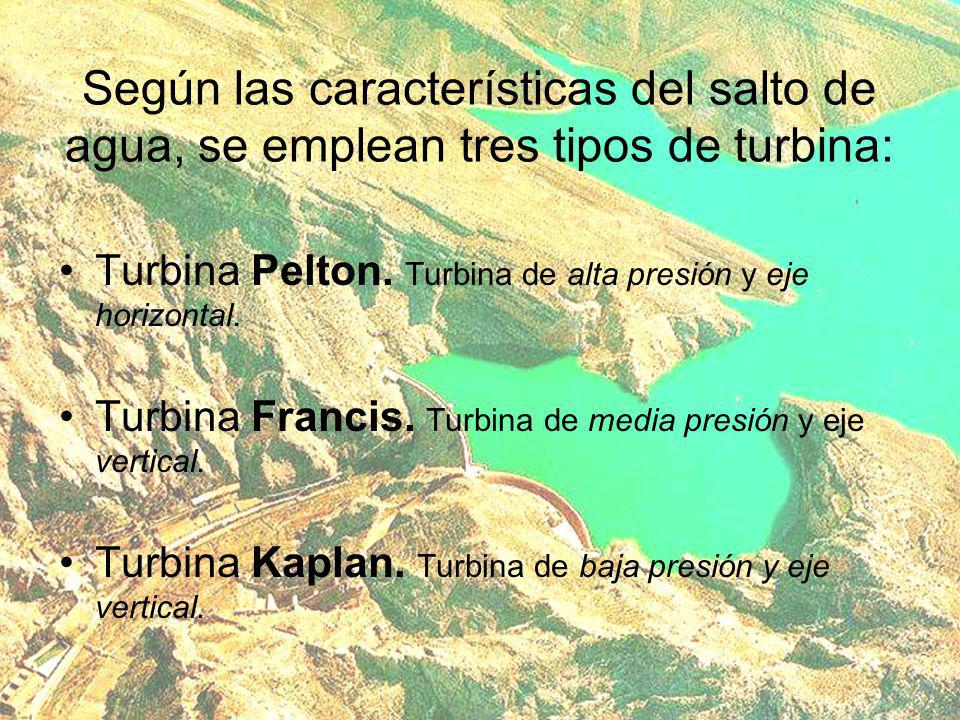 Según las características del salto de agua, se emplean tres tipos de turbina: