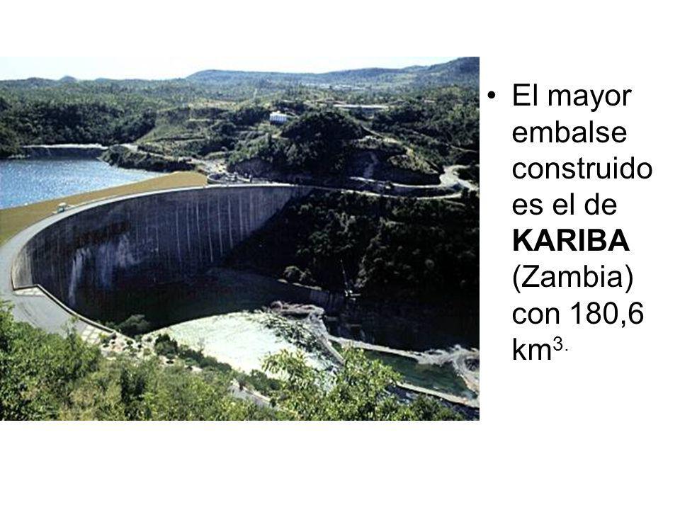 El mayor embalse construido es el de KARIBA (Zambia) con 180,6 km3.
