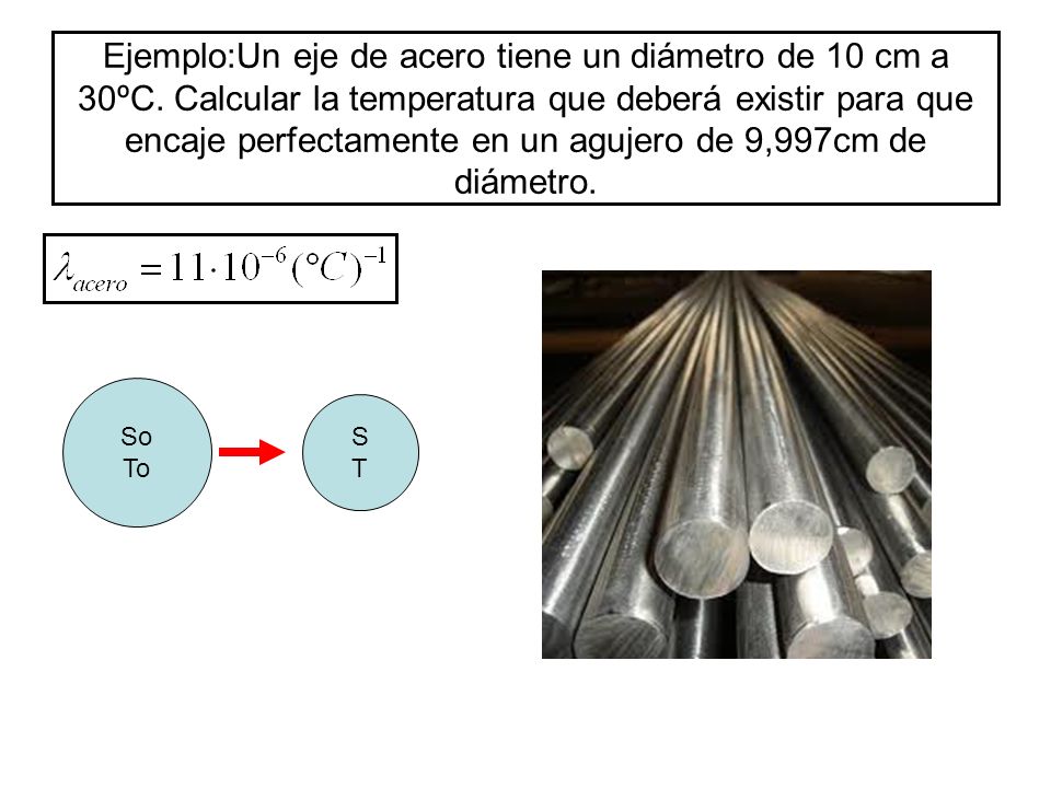 Ejemplo:Un eje de acero tiene un diámetro de 10 cm a 30ºC