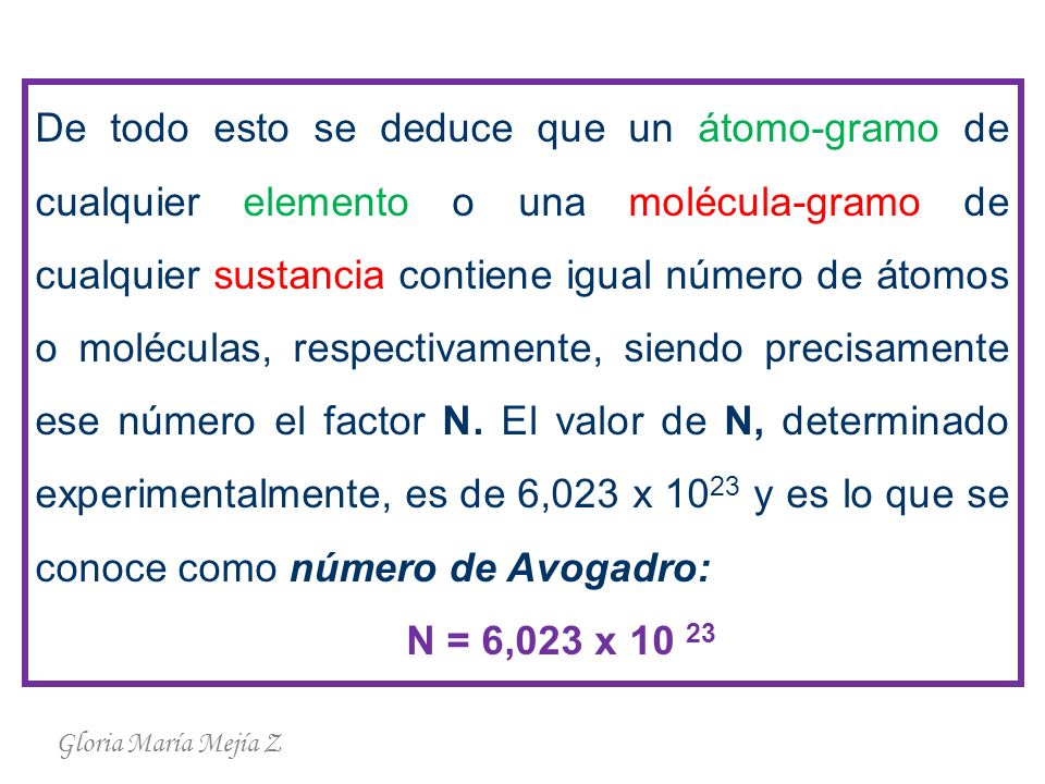 De todo esto se deduce que un átomo-gramo de cualquier elemento o una molécula-gramo de cualquier sustancia contiene igual número de átomos o moléculas, respectivamente, siendo precisamente ese número el factor N. El valor de N, determinado experimentalmente, es de 6,023 x 1023 y es lo que se conoce como número de Avogadro: