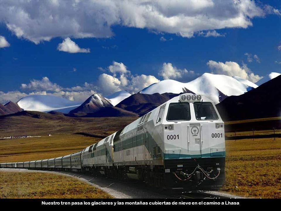 Nuestro tren pasa los glaciares y las montañas cubiertas de nieve en el camino a Lhasa