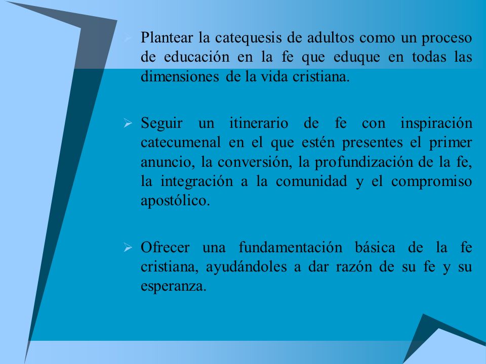 Plantear la catequesis de adultos como un proceso de educación en la fe que eduque en todas las dimensiones de la vida cristiana.