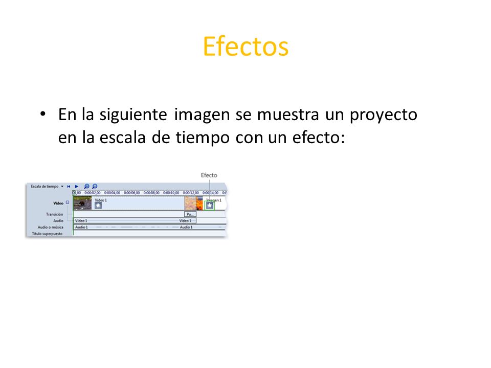 Efectos En la siguiente imagen se muestra un proyecto en la escala de tiempo con un efecto: