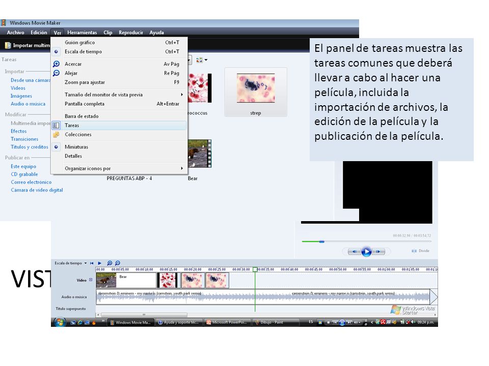 El panel de tareas muestra las tareas comunes que deberá llevar a cabo al hacer una película, incluida la importación de archivos, la edición de la película y la publicación de la película.