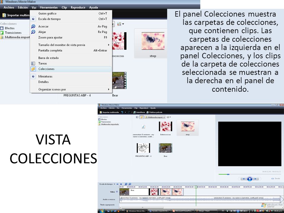 El panel Colecciones muestra las carpetas de colecciones, que contienen clips. Las carpetas de colecciones aparecen a la izquierda en el panel Colecciones, y los clips de la carpeta de colecciones seleccionada se muestran a la derecha en el panel de contenido.