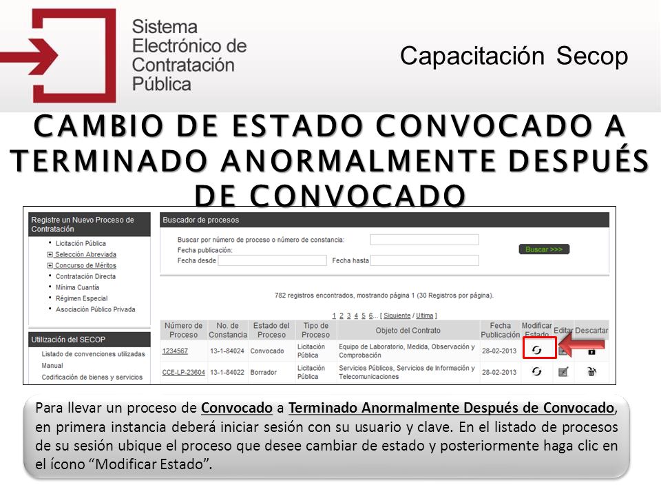 CAMBIO DE ESTADO CONVOCADO A TERMINADO ANORMALMENTE DESPUÉS DE CONVOCADO