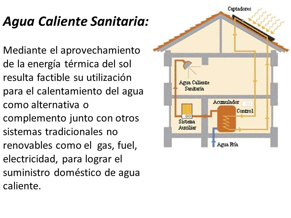 Agua Caliente Sanitaria: Mediante el aprovechamiento de la energía térmica del sol resulta factible su utilización para el calentamiento del agua como alternativa o complemento junto con otros sistemas tradicionales no renovables como el gas, fuel, electricidad, para lograr el suministro doméstico de agua caliente.