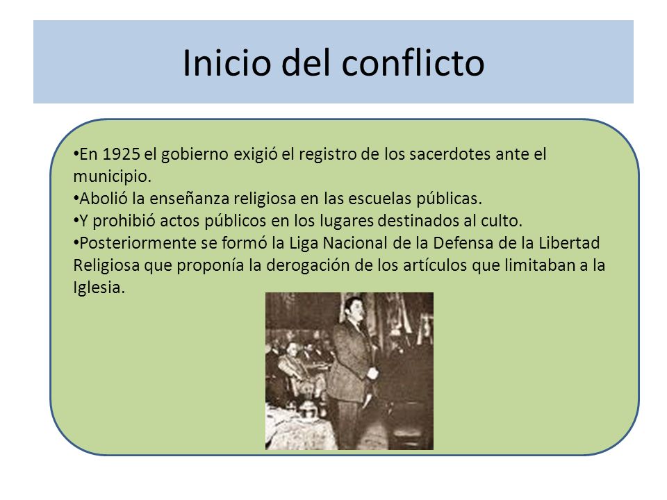 Inicio del conflicto En 1925 el gobierno exigió el registro de los sacerdotes ante el municipio.