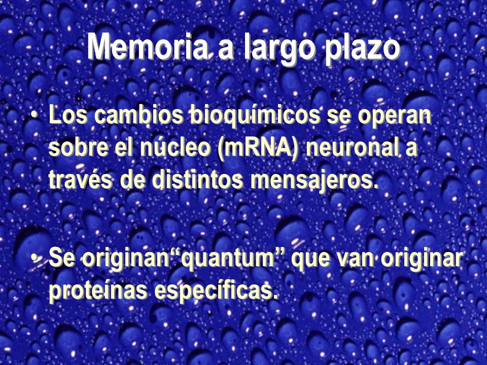 Memoria a largo plazo Los cambios bioquímicos se operan sobre el núcleo (mRNA) neuronal a través de distintos mensajeros.