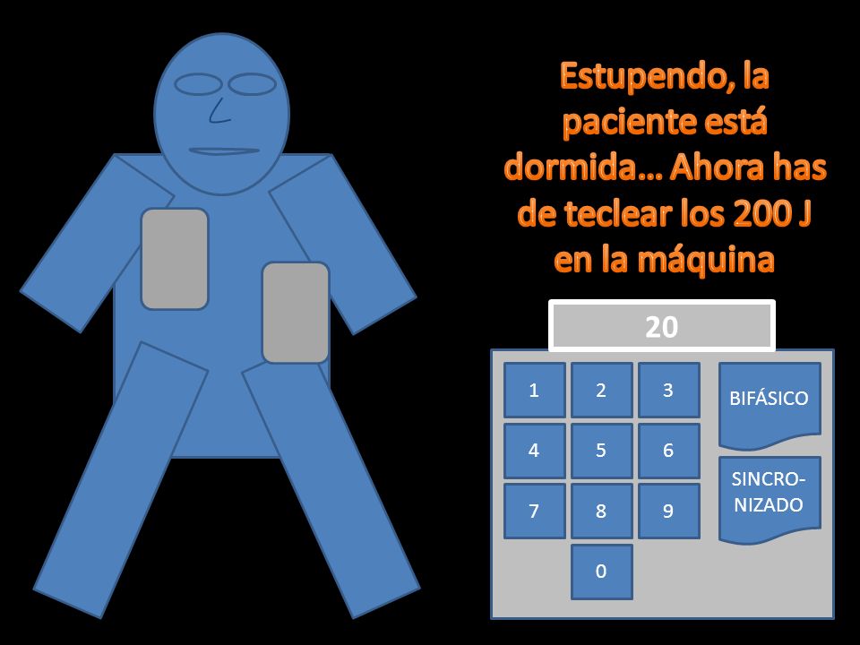 Estupendo, la paciente está dormida… Ahora has de teclear los 200 J en la máquina