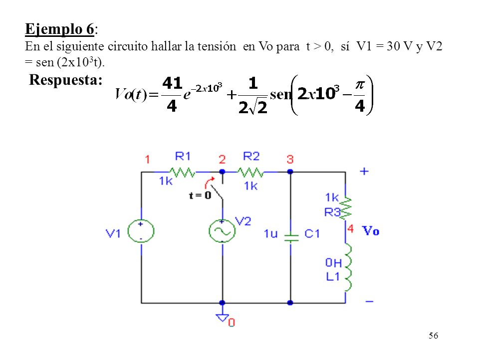 Ejemplo 6: En el siguiente circuito hallar la tensión en Vo para t > 0, sí V1 = 30 V y V2 = sen (2x103t).