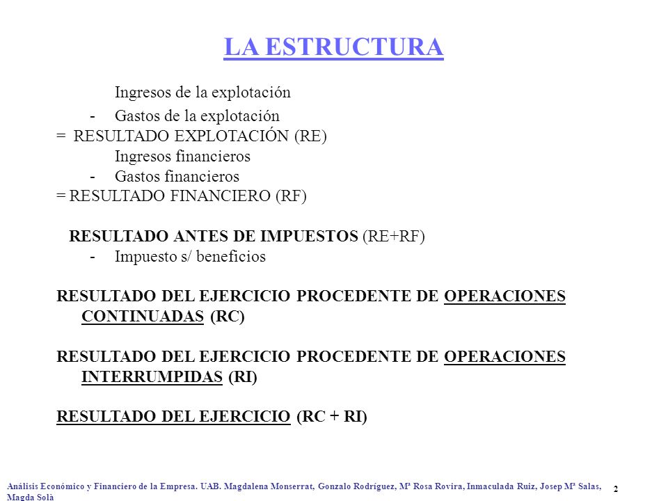 LA ESTRUCTURA Ingresos de la explotación Gastos de la explotación