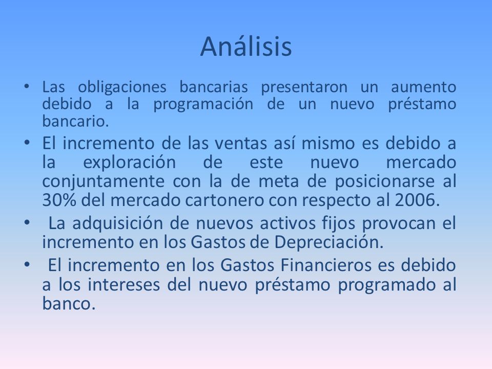 Análisis Las obligaciones bancarias presentaron un aumento debido a la programación de un nuevo préstamo bancario.