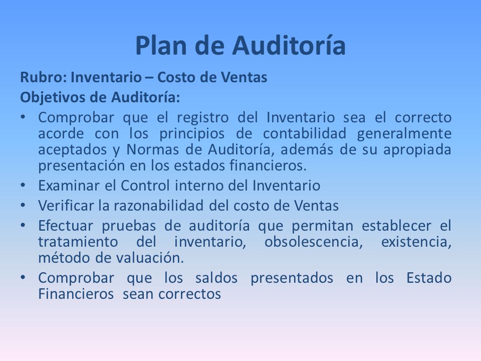 Plan de Auditoría Rubro: Inventario – Costo de Ventas