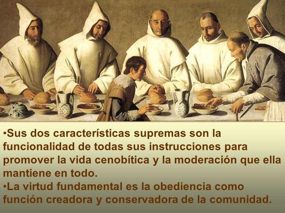 Sus dos características supremas son la funcionalidad de todas sus instrucciones para promover la vida cenobítica y la moderación que ella mantiene en todo.