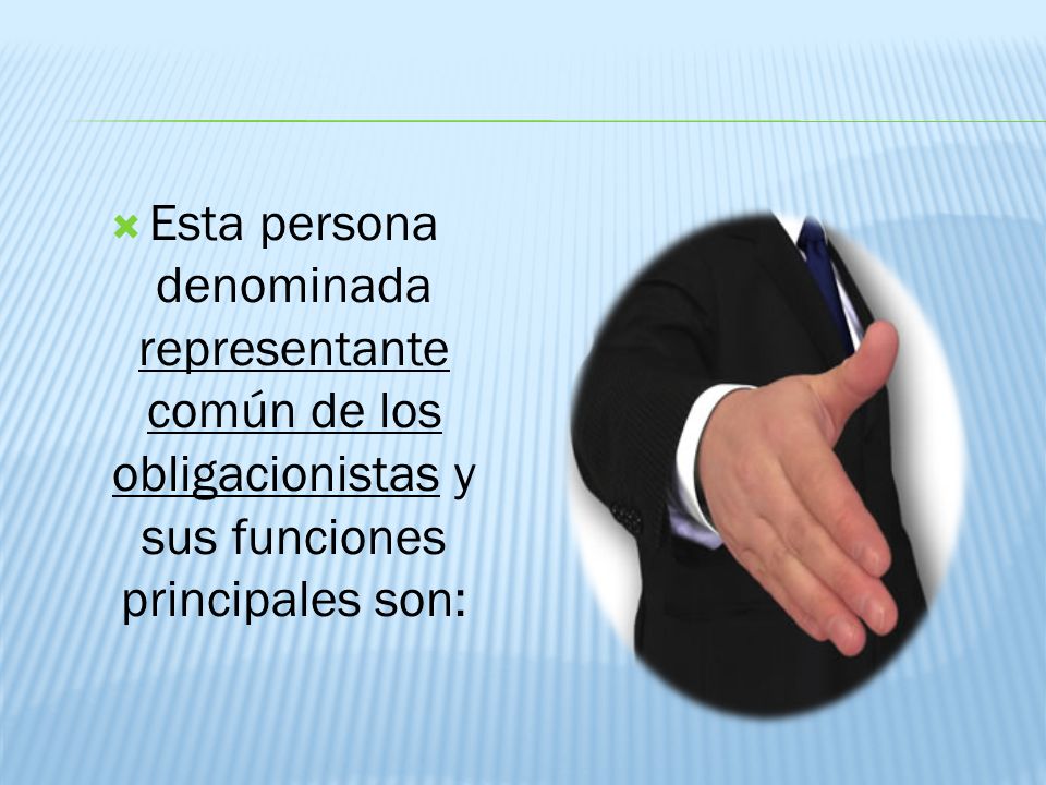 Esta persona denominada representante común de los obligacionistas y sus funciones principales son: