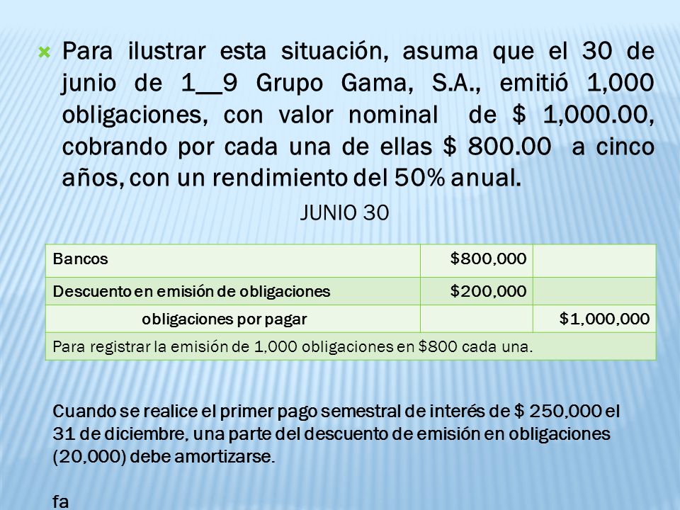 Para ilustrar esta situación, asuma que el 30 de junio de 1__9 Grupo Gama, S.A., emitió 1,000 obligaciones, con valor nominal de $ 1,000.00, cobrando por cada una de ellas $ a cinco años, con un rendimiento del 50% anual.