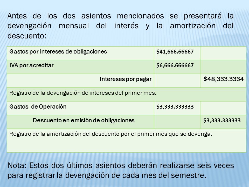 Antes de los dos asientos mencionados se presentará la devengación mensual del interés y la amortización del descuento: