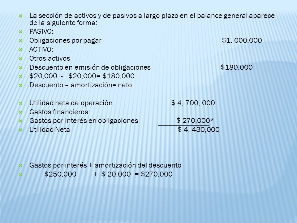 La sección de activos y de pasivos a largo plazo en el balance general aparece de la siguiente forma: