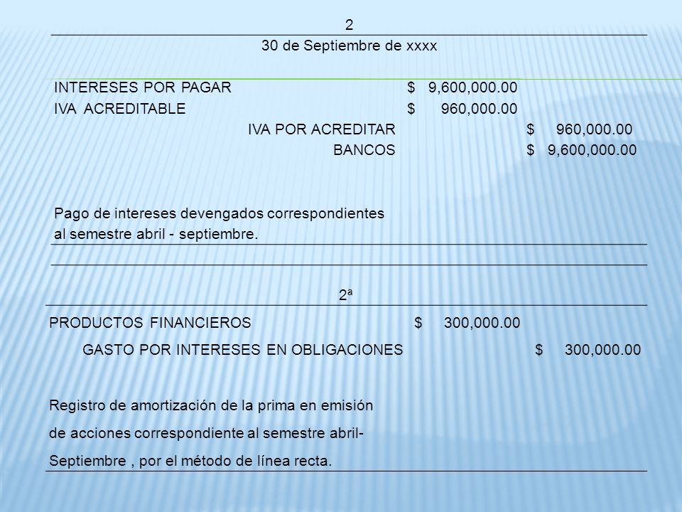 2 30 de Septiembre de xxxx. INTERESES POR PAGAR. $ 9,600, IVA ACREDITABLE. $ 960,