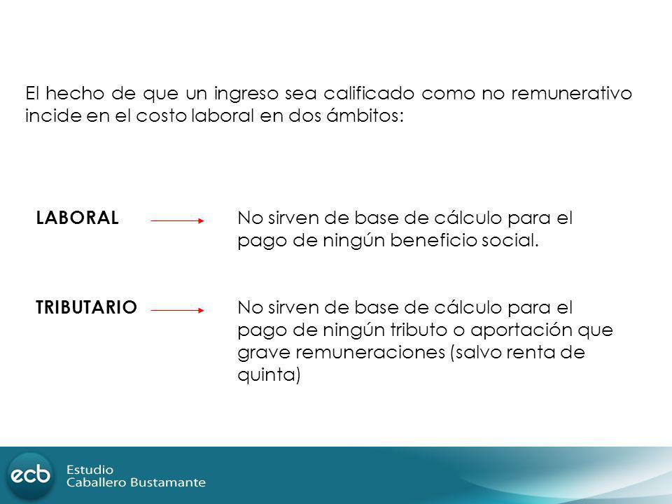 El hecho de que un ingreso sea calificado como no remunerativo incide en el costo laboral en dos ámbitos: