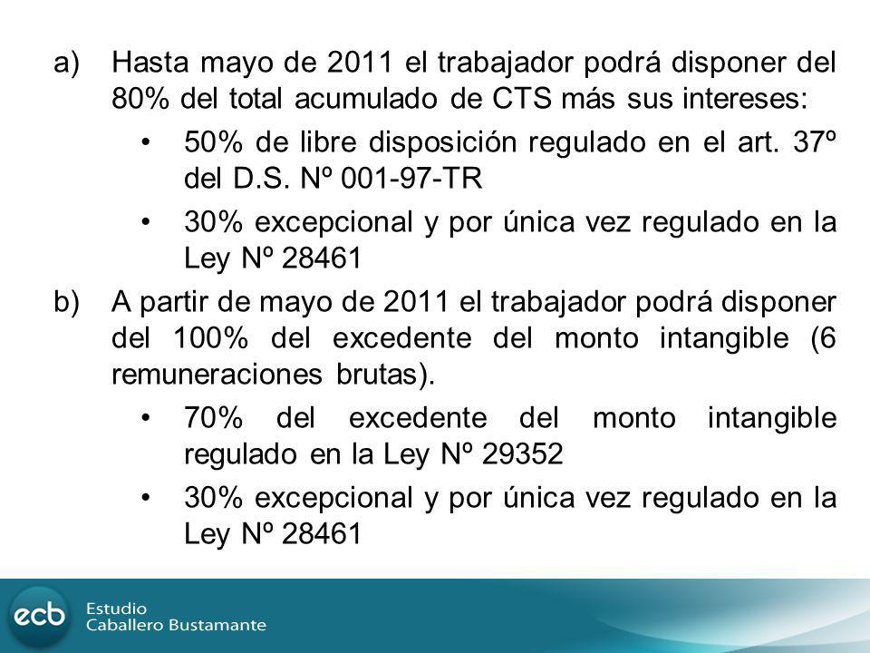 Hasta mayo de 2011 el trabajador podrá disponer del 80% del total acumulado de CTS más sus intereses: