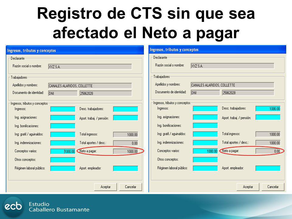Registro de CTS sin que sea afectado el Neto a pagar