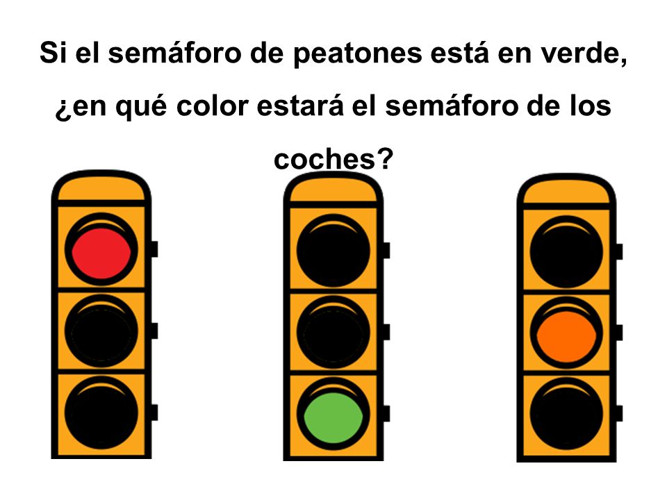 Si el semáforo de peatones está en verde, ¿en qué color estará el semáforo de los coches