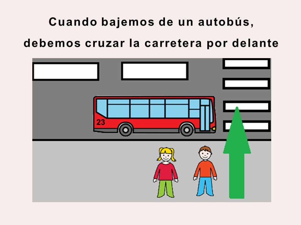 Cuando bajemos de un autobús, debemos cruzar la carretera por delante de él. Nunca por detrás.