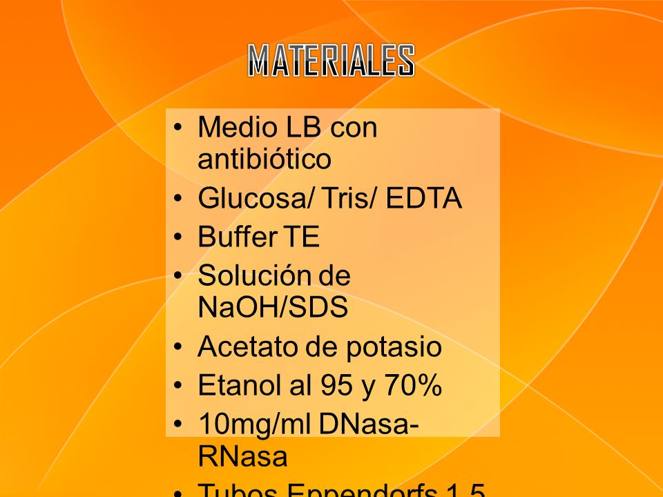 MATERIALES Medio LB con antibiótico Glucosa/ Tris/ EDTA Buffer TE