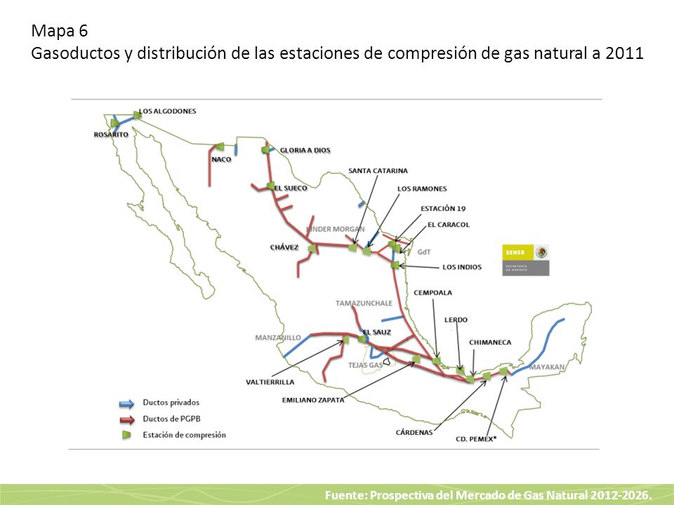 Mapa 6 Gasoductos y distribución de las estaciones de compresión de gas natural a 2011