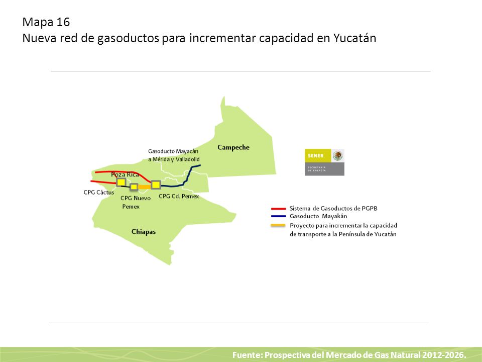 Mapa 16 Nueva red de gasoductos para incrementar capacidad en Yucatán