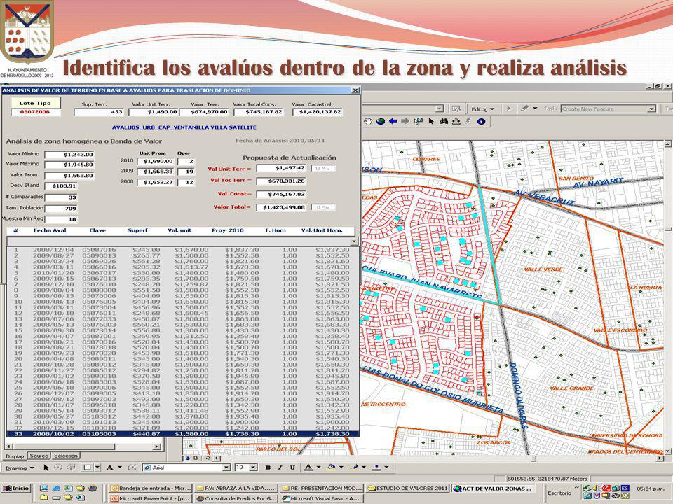 Identifica los avalúos dentro de la zona y realiza análisis